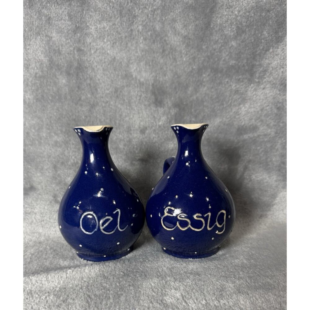 Vintage German Pottery Oil & Vinegar Cruet Set Blue Glazed Handcrafted Signed